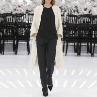 LOOK 37,EMBROIDERED OFF WHITE WOOL COAT WITH BLACK WOOL TOP AND BLACK WOOL PANTS.