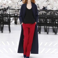 LOOK 26,LONG NAVY BLUE WOOL COAT WITH BLACK WOOL TOP AND BURGUNDY WOOL PANTS.