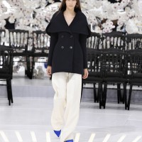 LOOK 51,DARK NAVY WOOL PEACOAT WITH OFF WHITE WOOL PANTS.