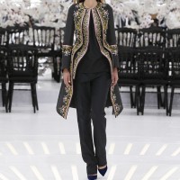 LOOK 38,EMBROIDERED BLACK SILK COAT WITH BLACK WOOL TOP AND BLACK WOOL PANTS.