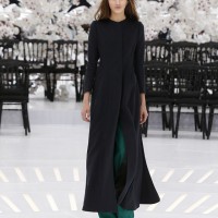 LOOK 20,LONG DARK NAVY CASHMERE COAT WITH GREEN WOOL PANTS.