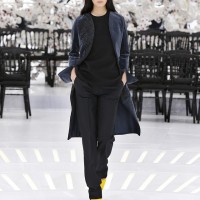 LOOK 43,EMBROIDERED SLATE COTTON VELVET COAT WITH BLACK WOOL TOP AND BLACK WOOL PANTS.