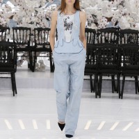 LOOK 14,EMBROIDERED PALE BLUE JACQUARD SILK TOP WITH PALE BLUE SILK PANTS.