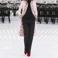 LOOK 36,EMBROIDERED PALE PINK SILK COAT WITH BLACK WOOL TOP AND BLACK WOOL PANTS.