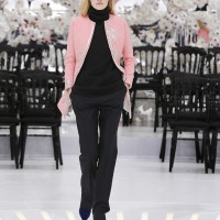 LOOK 41,EMBROIDERED PINK WOOL COAT WITH BLACK WOOL TOP AND BLACK WOOL PANTS.