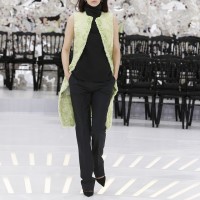 LOOK 40,EMBROIDERED GREEN BREITSCHWANZ SLEEVELESS COAT WITH BLACK WOOL TOP AND BLACK WOOL PANTS.