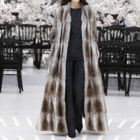 LOOK 24,LONG LIGHT TAUPE CHINCHILLA COAT WITH DARK NAVY WOOL TOP AND PANTS.