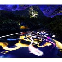 チームラボ新作「小舟と共に踊る鯉によって描かれる水面のドローイング- Mifuneyama Rakuen Pond」