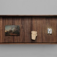 79, Pompeii Eruption|Cabinet in walnut wood, oil on wood, white marble, neon|45 x 110 x 30 cm Photo : Pierre Antoine Courtesy : Galerie Perrotin, Paris.(c)Laurent Grasso / ADAGP, Paris, 2015