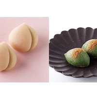 鈴懸「桃の上生菓子“西王母（せいおうぼ）”」（税込378円）、笹屋伊織「草餅」（税込270円）