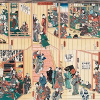 歌川国貞 「踊形容楽屋之図 踊形容新開入之図」 安政 3（1856）年