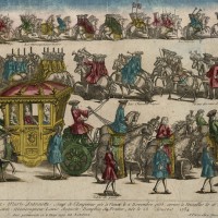 アンドレ・バセ《マリー・アントワネットの ヴェルサイユ到着》1770 年  ビュラン彫り版画、ステンシルによる水彩  25.2×34.4cm ヴェルサイユ宮殿美術館