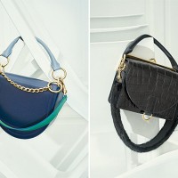 左から)「HORSESHOE COIN PURSE」Black, Navy 10万8,000円、「SATCHEL」Black Mink and Black Lucido (meaning shiny) Crocodile 128