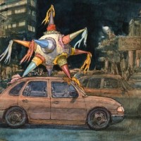 Louis Vuitton Travel Book Mexico, illustre par Nicolas de Crecy, 2017: seven-pointed pinata beingtransported on the roof of a car