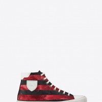 BEDFORD PATCH MID TOP SNEAKER IN RED & BLACK METALLIZED STRIPED LUREX AND WHITE LEATHER （STONE WASHED） 11万円