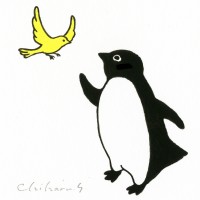 「ペンギンとカナリアイエロー」  アクリルグワッシュ、紙 13×13cm（額装サイズ）