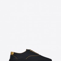 VENICE LOW TOP SNEAKER IN BLACK GRAINED CALFSKIN LEATHER AND GOLD LEATHER WITH GOLD PIPING AND LACES（6万円）