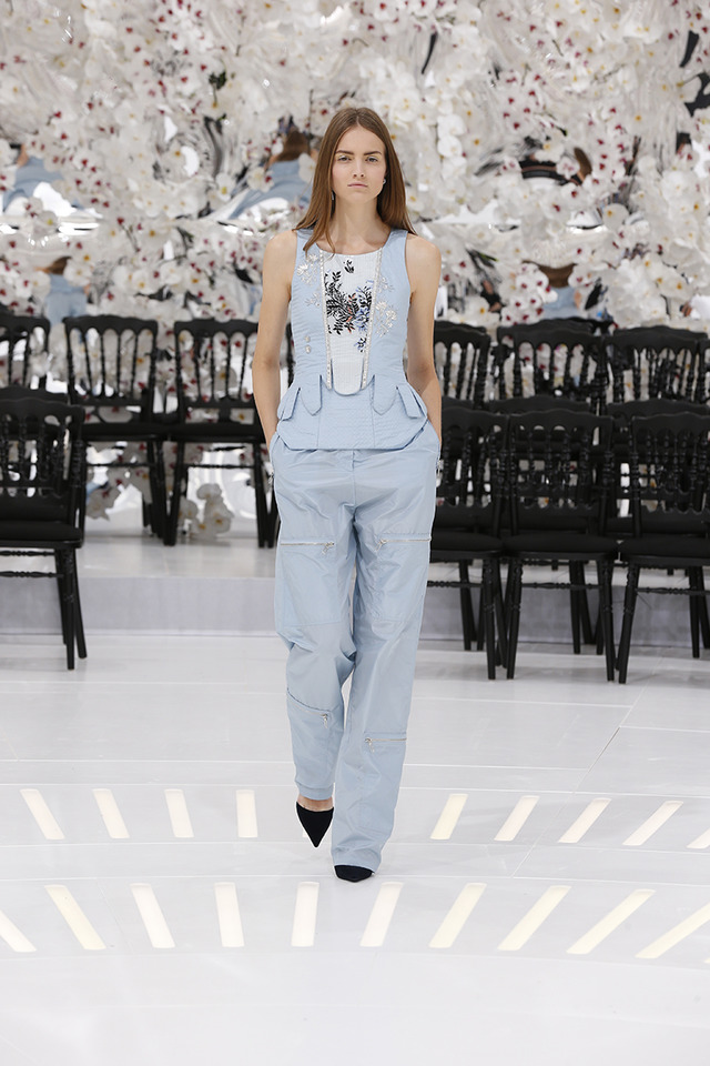 LOOK 14,EMBROIDERED PALE BLUE JACQUARD SILK TOP WITH PALE BLUE SILK PANTS.