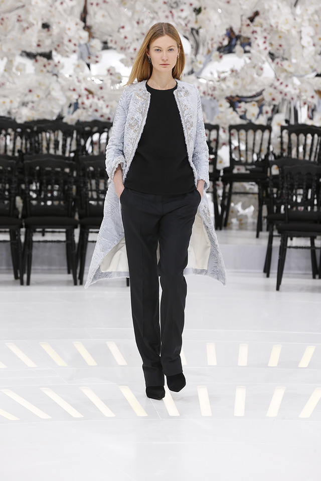 EMBROIDERED SILVER BLUE BREITSCHWANZ LOOK 39,COAT WITH BLACK WOOL PANTS.