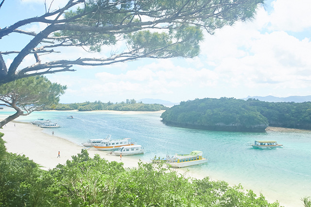 丘の上から見下ろした川平湾に並ぶボートは、まるでミニチュアの世界のよう