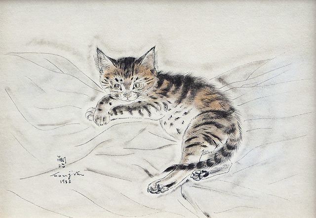 「子供十態：猫を抱く少女」（ビュイッソン証明印）（1929年/銅版画 37.8×29.2cm）