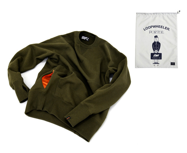 LOOPWHEELER × PORTERクルーネックスウェット（SからXL、1万7,000円/オリジナル巾着付き）