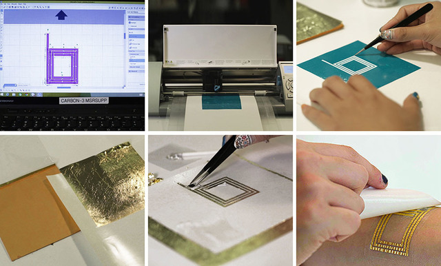 DuoSkin’s three-step fabrication process. Step 1: (a) Sketching skin circuitry with graphic design software. Step 2: (b) Fabrication, which includes (c) creating stencils of the circuitry, (d) applying gold leaf as the conductive material, and (e) mountin