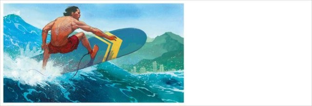 Louis Vuitton Travel Book Hawaii, illustre par Esad Ribic, 2017: surfer at Waimanalo Beach.