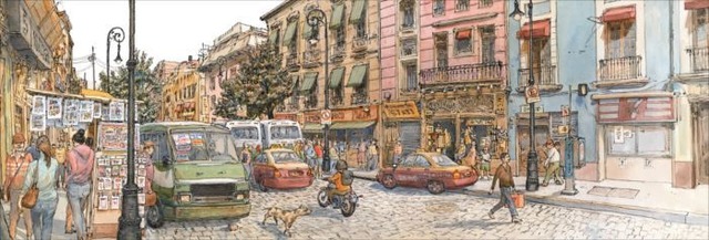 Louis Vuitton Travel Book Mexico, illustre par Nicolas de Crecy, 2017: street near Allende Metro station, Centro Historico.