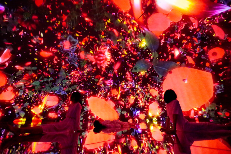 「Floating in the Falling Universe of Flowers」teamLab, 2016-2018, Interactive Digital Installation, Endless, Sound: Hideaki Takahashi