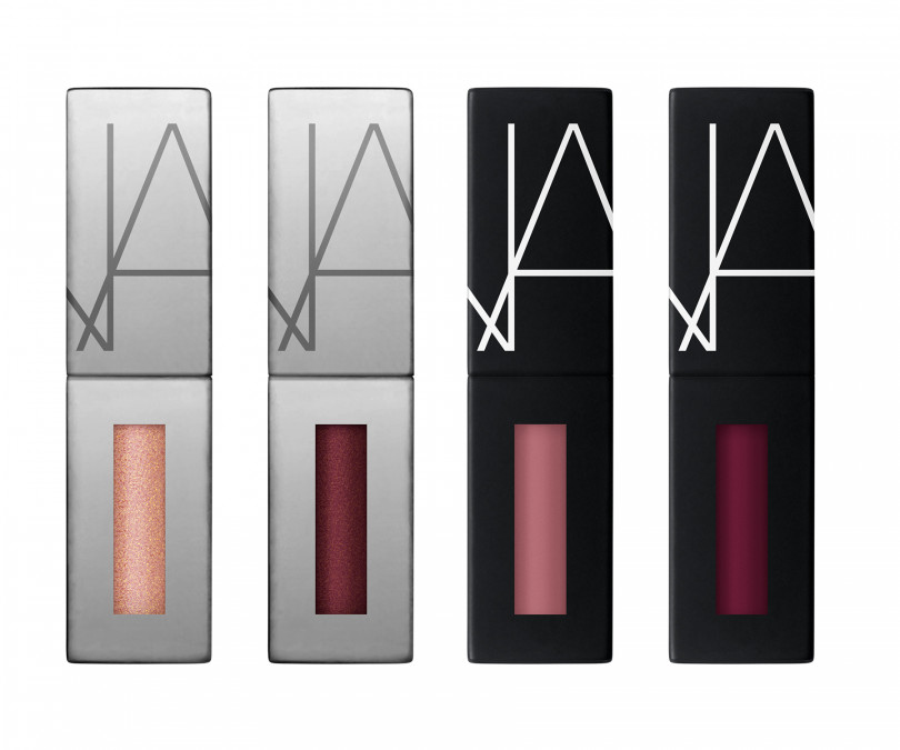 「NARS リップクラッシュ」（左から：パワーマットリップラスター シマリングローズゴールド 2.5ml、シマリングディープオーベルジーン 2.5ml／パワーマットリップピグメント ペールローズ 2.8ml、 ローズブラウン 2.8ml／5,500円）※11月22日数量限定発売／セミセルフ店舗限定発売