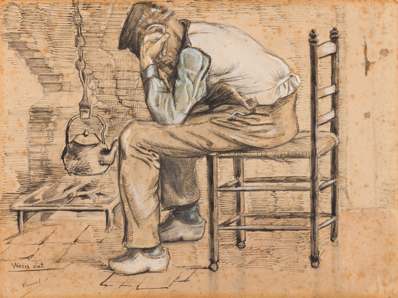 フィンセント・ファン・ゴッホ 《疲れ果てて》 1881年9-10月 鉛筆・ペン・インク・筆・不透明水彩、簀の目紙 23.4×31.2cm  P. & N. デ・ブール財団