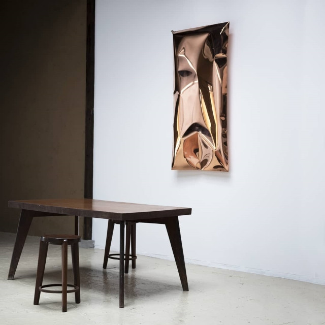 Dining Table circa 1960 / Vintage / Pierre Jeanneret  Round Stool circa 1965 / Vintage / Pierre Jeanneret In Hale Wallpiece / Contemporary / Ben Storms