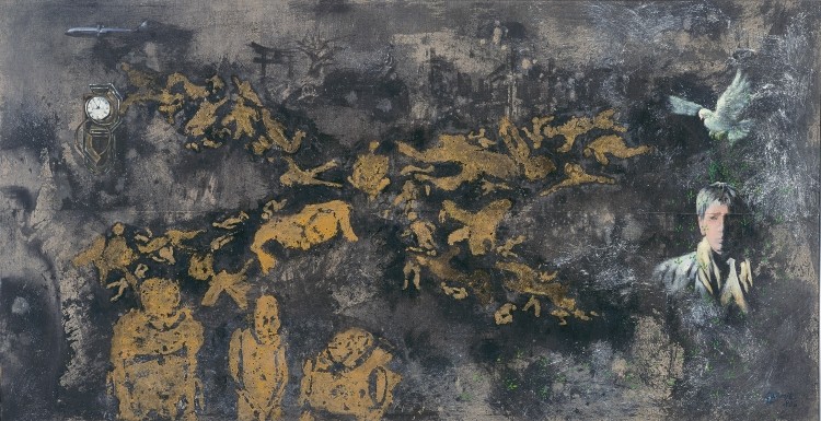 蔡國強 「影：庇護のための祈り」 1985 – 86  火薬、墨、蝋燭、油彩、キャンバス、木製パネル 155 x 300 cm  提供：蔡スタジオ